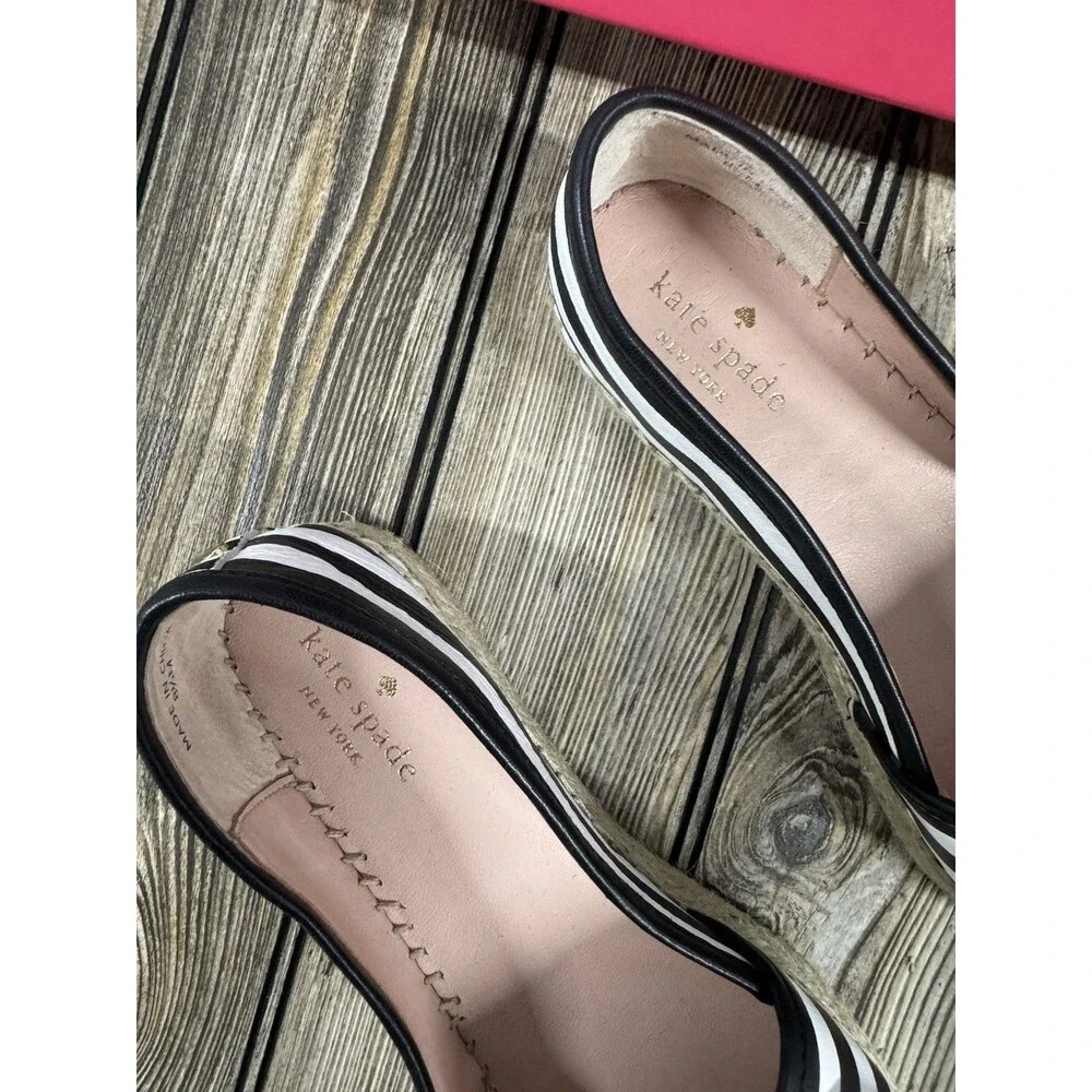 Kate Spade NY LINDS Striped Leather Bow Espadrille Flats Black White Sz 8 1/2
